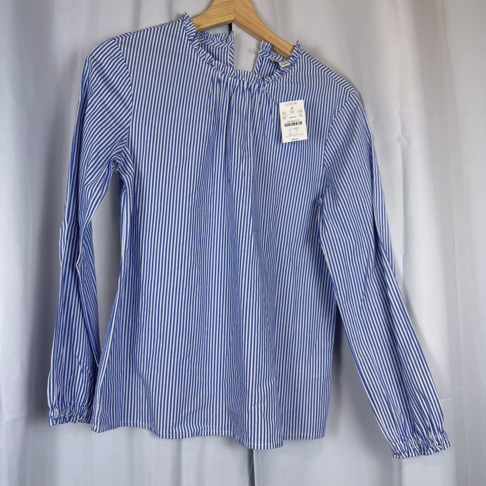 J.Crew Blue White Striped Ruffle Neck Blouse Top AT887 Womens XXS New
